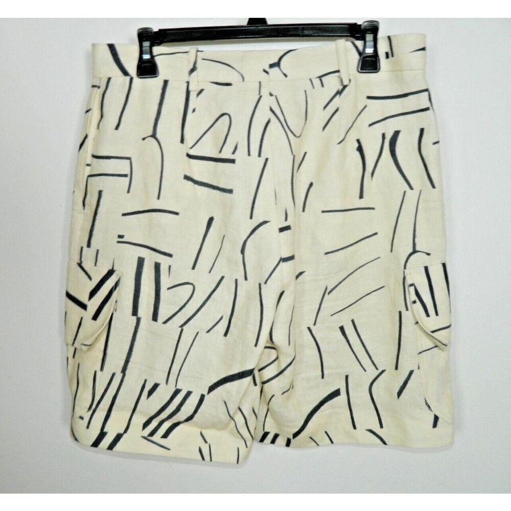 Victoria Beckman Shorts Size 6 Ivory Black Linen Cargo Abstract Print